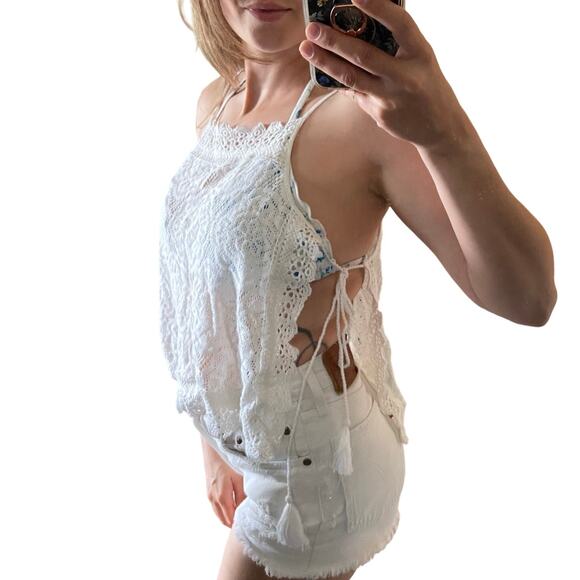 Aerie S White Boho Crochet Lace Tie Up Open Sides Cami Cover Up Tank Top - Picture 1 of 6